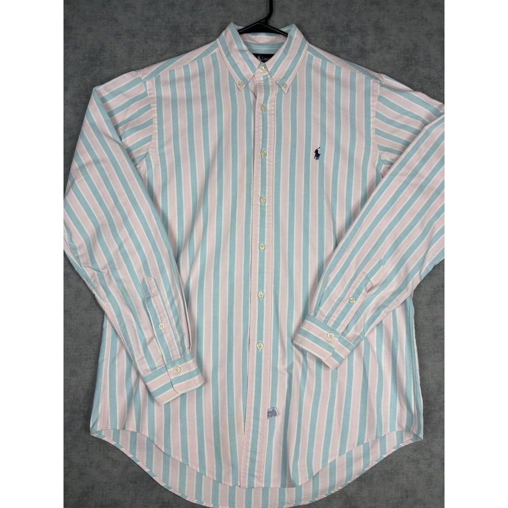 Vintage Polo Ralph Lauren Shirt Mens M Pink Blue Stripe Oxford Cotton Pony